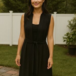 DKNY Black Sleeveless Long Duster Vest Open Front Belted Sheer Panel